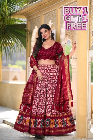 Designer mill print with foil dolla tusser silk wine lehenga choli dupatta